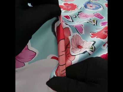 Polyester Satin - Sky Blue, Red and Pink Big Floral Stickers - Mood Exclusive Sticker Garden Print