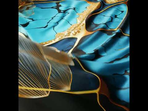 Silk Charmeuse Panel 16MM, Made in Italy - Turquoise, Teal and Gold Linework Flowers and Gemstones