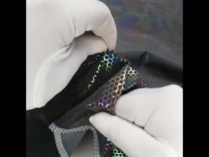 Reflective Fabric - Dark Gray Rainbow with Metallic Rainbow Oil Slick Honeycombs