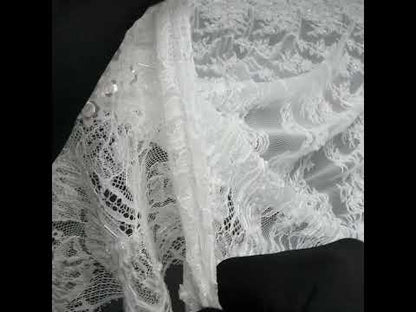 Beaded and Sequins Chantilly Lace with Finished Edges - White Flowers and Leaves