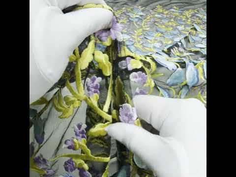 Sunny Lime, Orchid Bloom and Blue Bell Floral Embroidered Lace on Black Tulle
