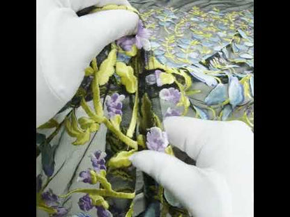 Sunny Lime, Orchid Bloom and Blue Bell Floral Embroidered Lace on Black Tulle