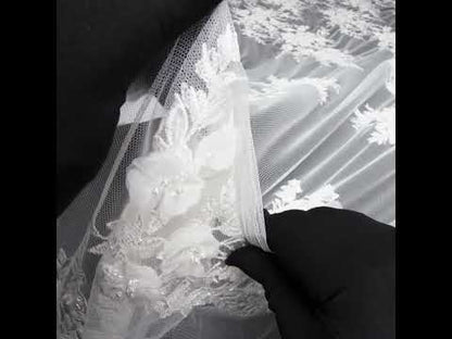 Beaded Embroidered Lace with 3D Fabric Flowers - White Flower Bunches with Pearls
