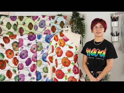 Beige, Green and Plum Big Poppies Cotton Lawn