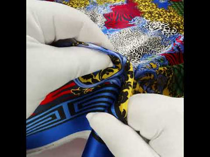 Silk Charmeuse Print 16MM, Made in Italy - Red, Yellow and Blue Floral Scrolls and Patterned Patchwork with Greek Key Border