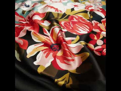 Silk Charmeuse Print 16MM, Made in Italy - Muted Blue, Red and Black Big Floral Border