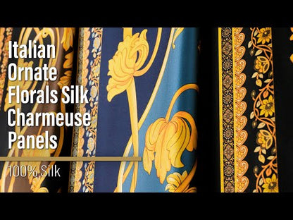 Silk Charmeuse Panel Print - Navy, Country Blue and Gold Ornate Florals - Made in Italy