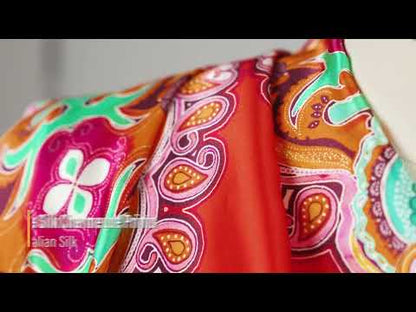 Mood Exclusive Italian Vibrant Green, Red and Orange Floral Tile Silk Charmeuse