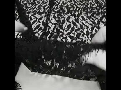 Corded Lace Panel with Finished Scalloped Edges - Black Leafy Stems