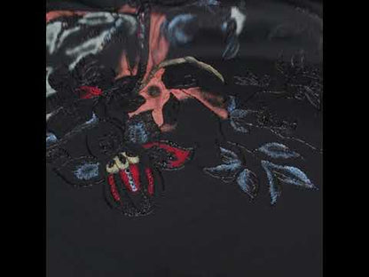 Metallic Rayon and Polyester Brocade Panel - Black, Orange and Blue Flower Bunches