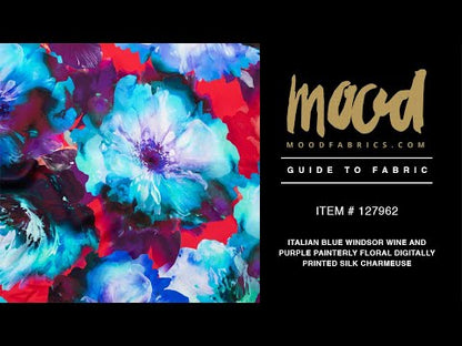 Mood Exclusive Italian Blue Windsor Wine and Purple Painterly Floral Digitally Printed Silk Charmeuse