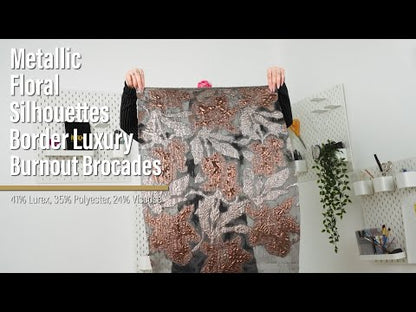 Metallic Gunmetal and Black Floral Silhouettes Border Luxury Burnout Brocade