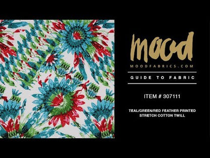 Teal/Green/Red Feather Printed Stretch Cotton Twill