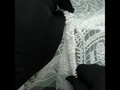 Embroidered Lace with Beads and Sequins - White and Silver Geometric Archways