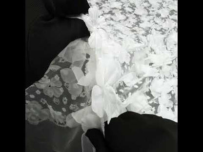 Beaded and Sequined Lace with 3D Fabric Flowers - White Floral with Clear Beads