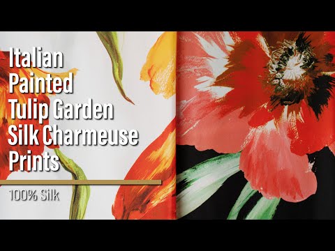 Silk Charmeuse Print 16MM, Made in Italy - Scarlet Red, Green and Black Painted Tulip Garden