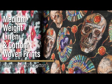 Medium Weight Linen and Cotton Woven - Black, Pink and Ivory Flower Skulls