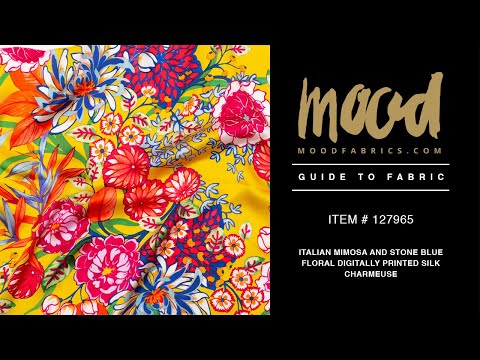 Mood Exclusive Italian Mimosa and Stone Blue Floral Digitally Printed Silk Charmeuse
