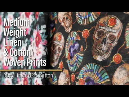Medium Weight Linen and Cotton Woven - Black, Green and Red Scarab Beetles and Skulls