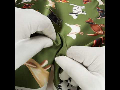 Polyester Satin - Brown, White and Olive Green Puppy Balloons - Mood Exclusive Dachshund Drift Print