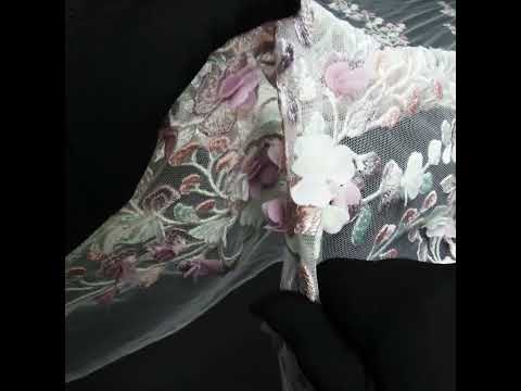 Embroidered Lace with 3D Fabric Flowers - Pastel Purple, Baby Pink and Mint Green Growing Flowers - Image 6 of 6