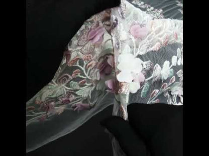Embroidered Lace with 3D Fabric Flowers - Pastel Purple, Baby Pink and Mint Green Growing Flowers
