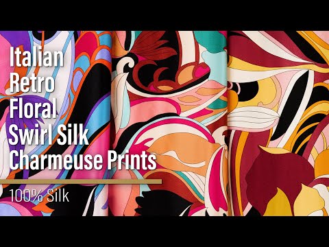 Silk Charmeuse Print - Brown, Teal and Magenta Retro Floral Swirl - Made in Italy