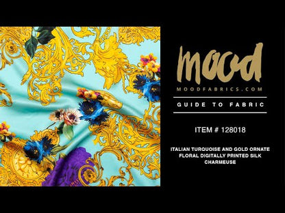 Mood Exclusive Italian Turquoise and Gold Ornate Floral Digitally Printed Silk Charmeuse