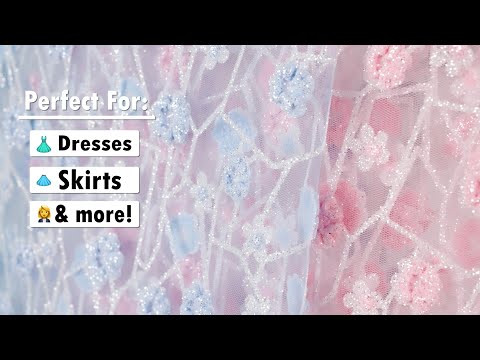 3D Puffy Glitter Tulle - Baby Pink and White Flowers and Geometric Stems