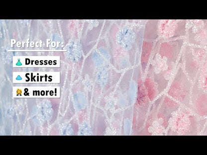 3D Puffy Glitter Tulle - Baby Pink and White Flowers and Geometric Stems