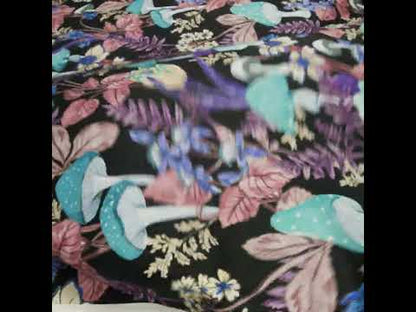 Stretch Cotton Twill Print - Midnight, Blue and Purple Mushrooms and Flowers - Mood Exclusive Mycelium Mystique