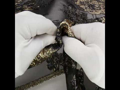 Metallic Polyester Burnout Brocade - Black and Gold Rose Border