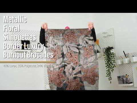 Metallic Copper and Silver Floral Silhouettes Border Luxury Burnout Brocade