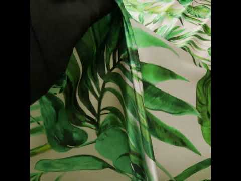 Silk Charmeuse Print 16MM, Made in Italy - Cream and Green Tropical Leaves