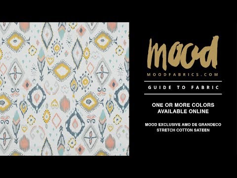 Stretch Cotton Sateen - Off-White, Blue and Yellow Ikat Diamonds - Amo de Grandeco Print - Mood Exclusive Avenable Collection