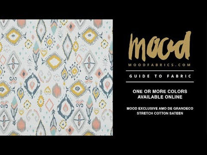 Stretch Cotton Sateen - Off-White, Blue and Yellow Ikat Diamonds - Amo de Grandeco Print - Mood Exclusive Avenable Collection