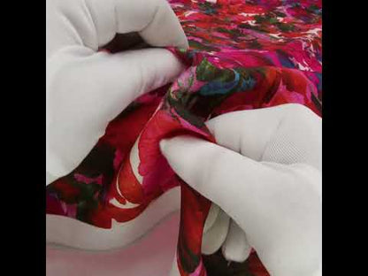 Linen and Rayon Woven - Fuchsia Pink, Red and Light Blue Striated Painted Flowers - Mood Exclusive Painter’s Bouquet Print