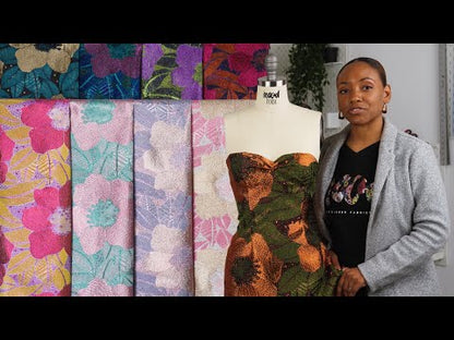 Metallic Magenta, Burnt Orange and Blue Tropical Flowers Luxury Brocade