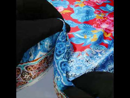 Silk Charmeuse Print 16MM, Made in Italy - Red, Blue and Gold Floral and Abstract Stripes