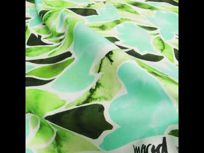 Brushed Cotton Woven - Aqua Blue, Lime and Forest Green Leaf Shapes - Mood Exclusive Watercolor Grove Print