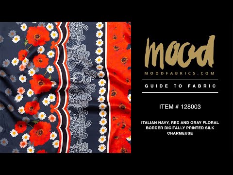 Mood Exclusive Italian Navy, Red and Gray Floral Border Digitally Printed Silk Charmeuse