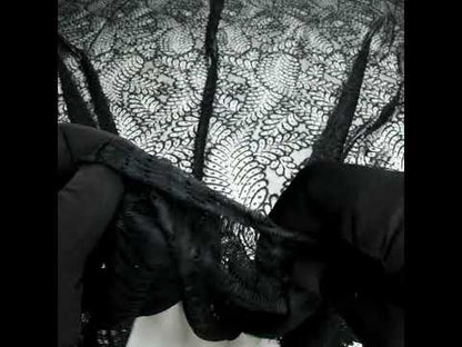 Nylon Raschel Lace Panel with Finished Scalloped Edges - Black Fern Leaves