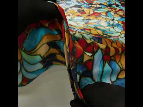 Silk Charmeuse Print 16MM, Made in Italy - Sky Blue, Golden Yellow and Red Stained Glass Flower Mosaic
