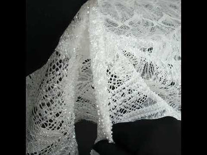 Corded Lace with Clear Beads and Sequins and Finished Edges - White Abstract