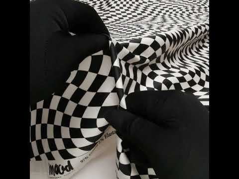 Stretch Cotton Sateen - Black and White Warped Checks - Down the Rabbit Hole Print - Mood Exclusive Indigo Collection