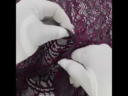 Corded Lace Narrow Panel with Finished Edges - Blue and Raspberry Rose Flowers, Dots and Wavy Lines