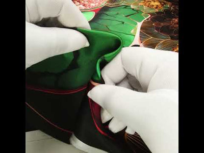 Silk Charmeuse Panel 16MM, Made in Italy - Orange, Dark Green and Black Linework Flowers and Gemstones