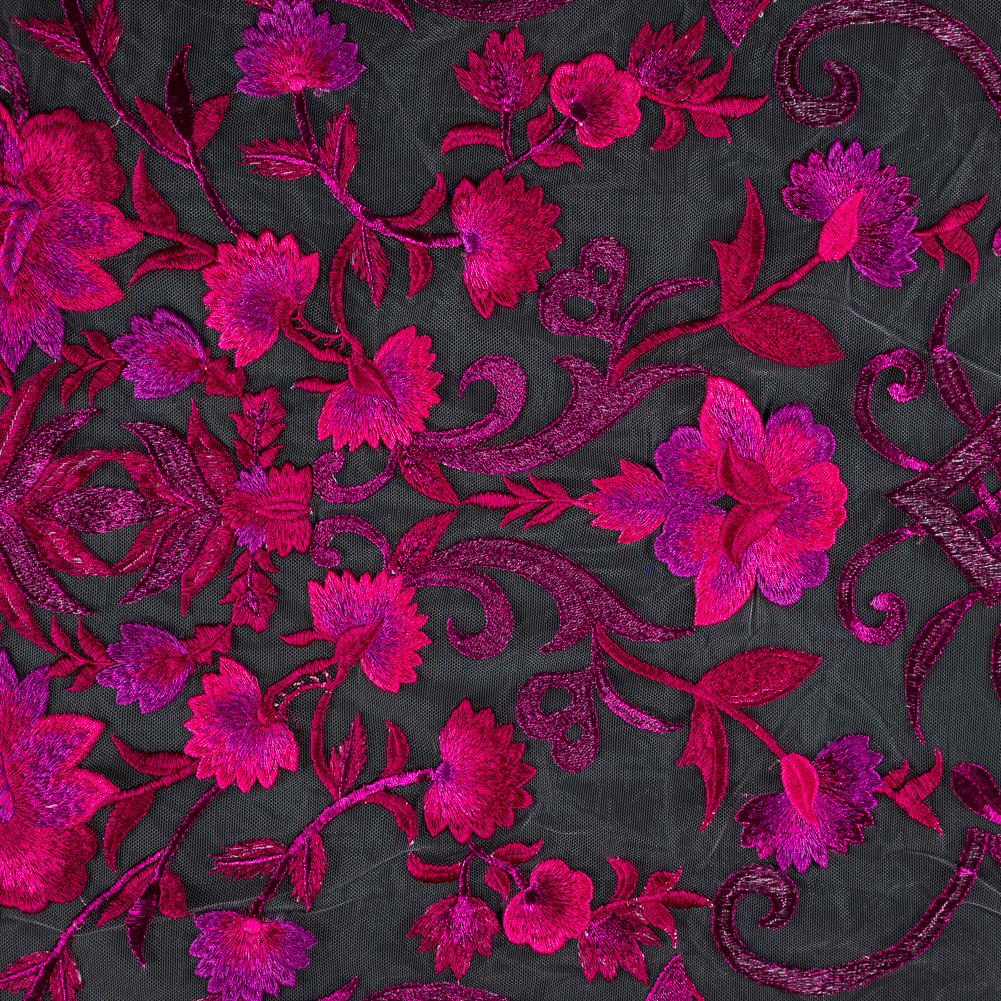 Metallic Fuchsia Floral Embroidered Tulle Panel