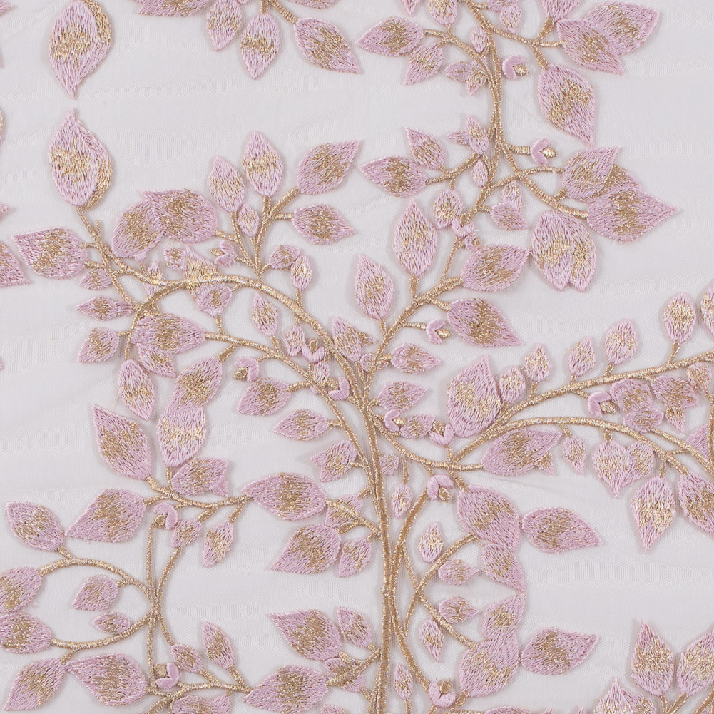 Pink and Metallic Gold Floral Novelty Embroidered Mesh