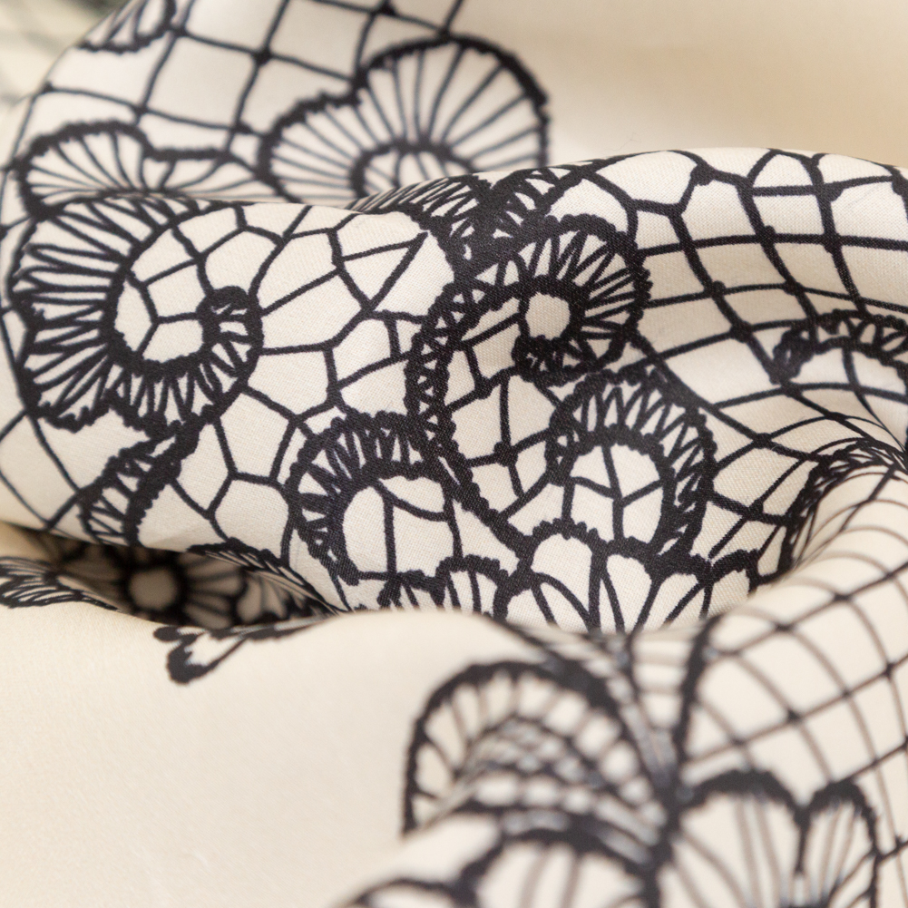 Italian Black on Putty Floral Lace Border Digitally Printed Silk Organza - Detail